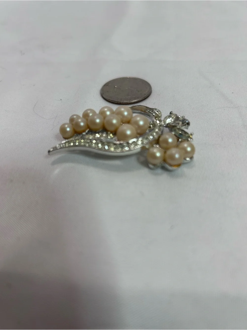 Pearl and Crystal Cluster Brooch - Champagne faux Pearls with Silver Tone
